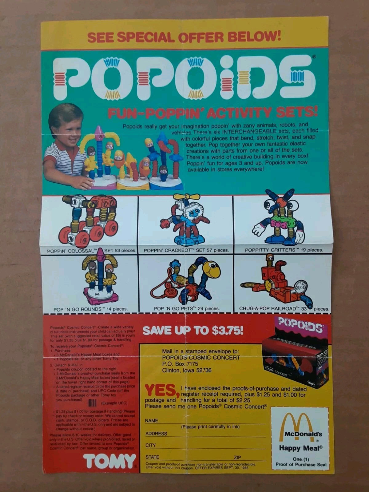 Vintage 1985 TOMY / McDonald's Happy Meal POPOIDS Promo Mail In ...