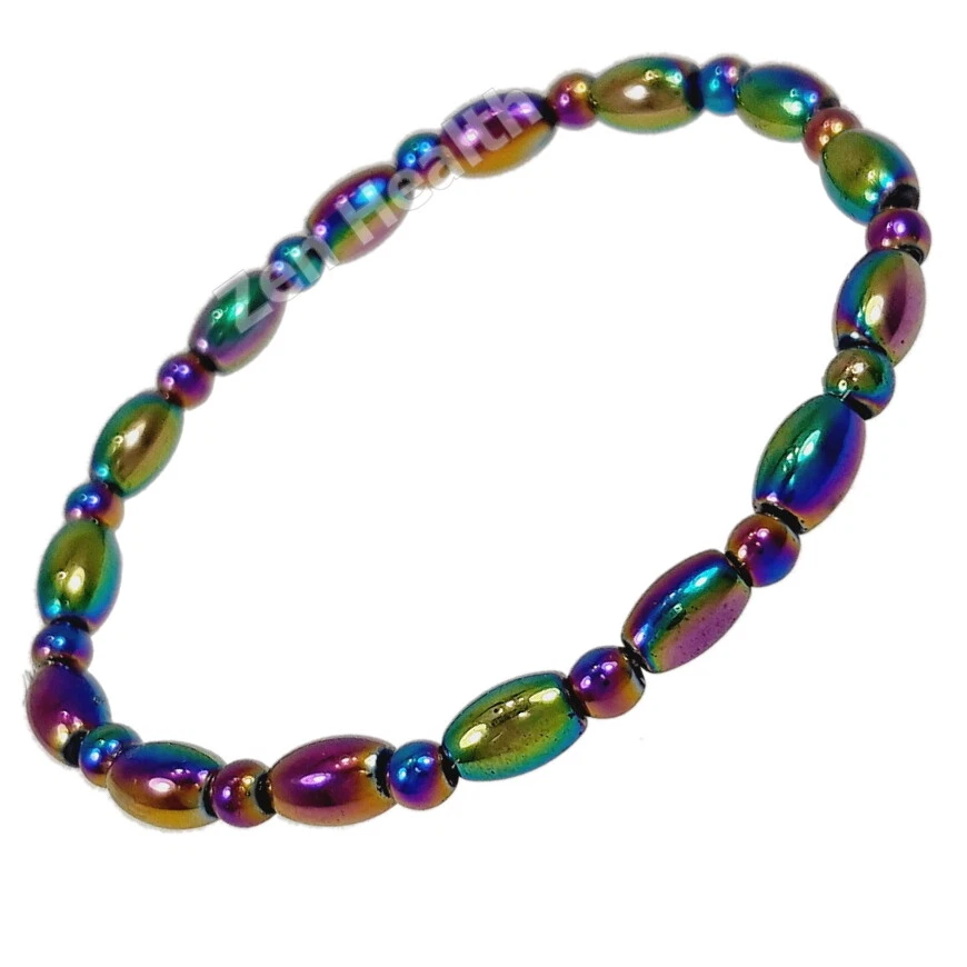 Magnetic Hematite Oval Beads Aurora Borealis Rainbow Stretch Beaded Bracelet