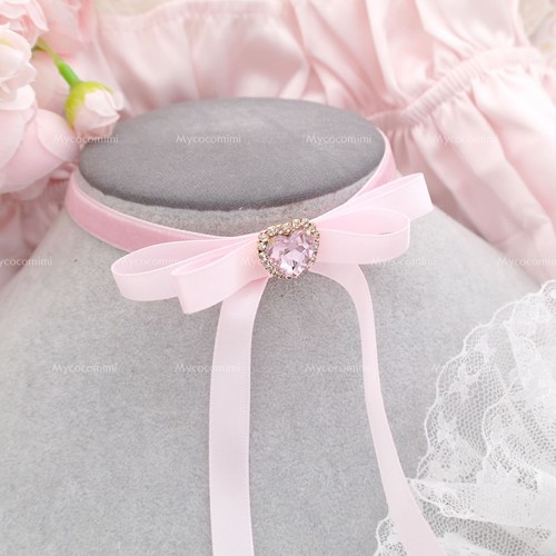 Coquette Baby Pink Velvet Satin Long bow choker necklace , Rhinestone Heart bow - Picture 2 of 5