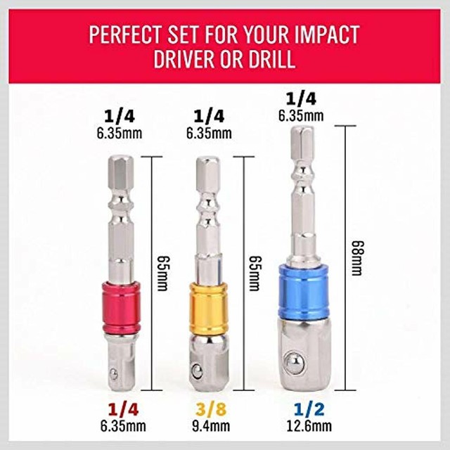3-Piece Power Drill Sockets Adapter Sets, Impact Driver Adapter, To 1/4