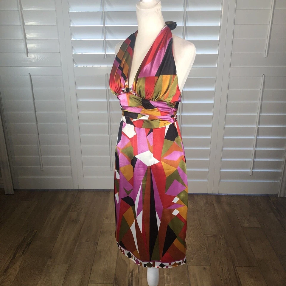 复古 90 年代橡胶鸭吊带连衣裙女式 S 码粉色紫色缎面几何图案 — 第 3/4 张图片