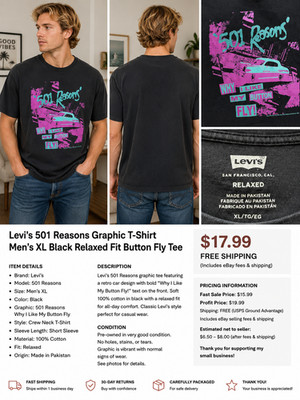 Levi s 501 Reasons Why I Like My Button Fly Graphic T-Shirt Men s XL Black