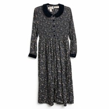 Vintage Karin Stevens Dress Floral Midi Velvet Collar Cottagecore Long Sleeve 6