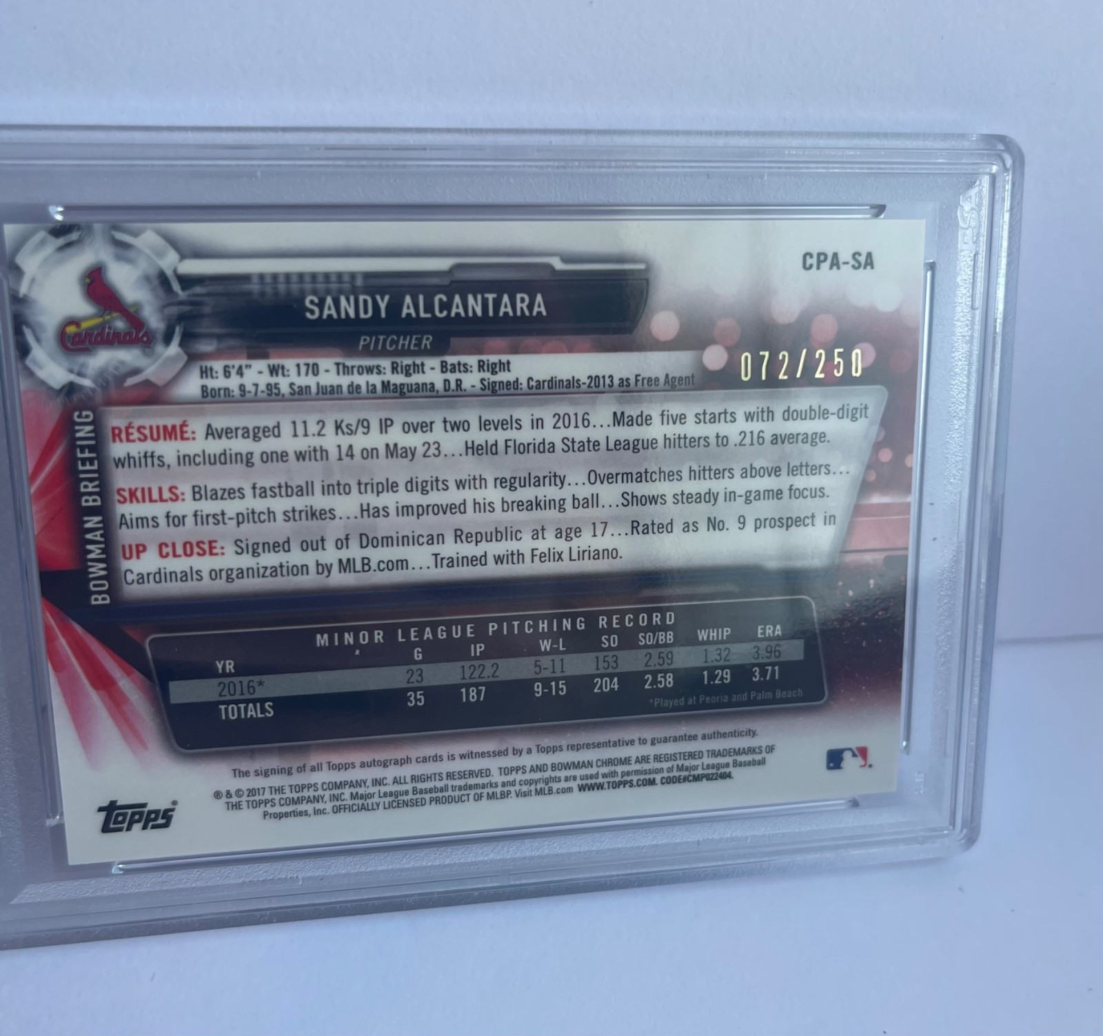 SANDY ALCANTARA 2017 BOWMAN CHROME PURPLE REFRACTOR AUTO RC ROOKIE PSA 9 /250 view 4