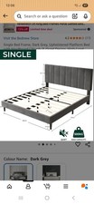 Single Bed Frame, Dark Grey Upholstered Platform Bed with Headbord.