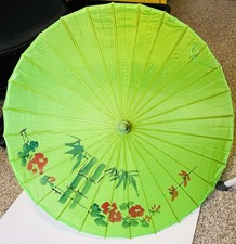 Vtg Green Hand Painted Japanese Chinese Bamboo Wood Umbrella Parasol Polyester