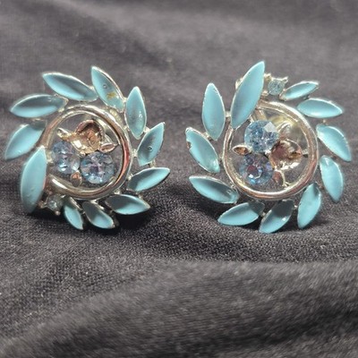 Vintage Lisner Blue Enamel Rhinestone Screw Back Earrings Floral Leaf Signed...