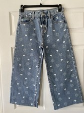 Old Navy Happy Face Girls Size 16 Blue Denim Baggy Wide-Leg High Rise Jeans READ