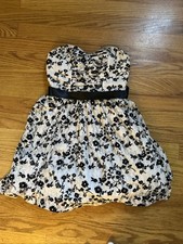 Delias White Black Floral Party Dress Lace Overlay Strapless Belt 0 Juniors