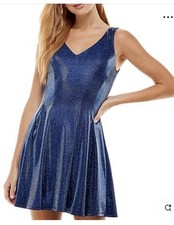 CITY STUDIO Junior Stretch Lined Sleeveless V Neck Short Party Fit + Flare Dress