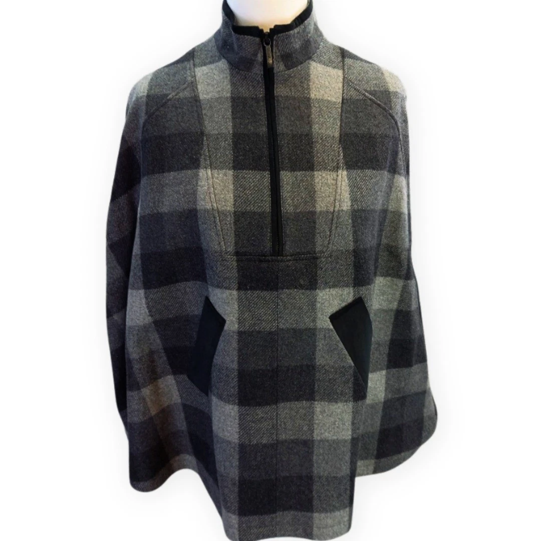 Brooks Brothers Wool Cape Poncho Size S Grey Check Italian Fabric Zip Pockets