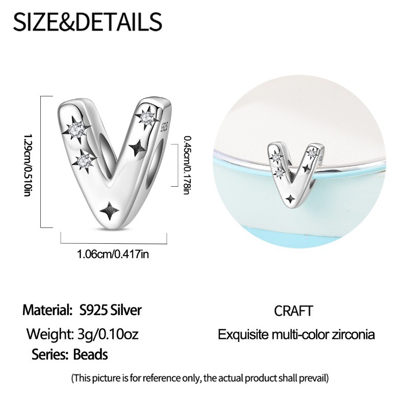 KUNSIR 925 Sterling Silver Letter V Charm For Bracelet Or Necklace Pendant Charm