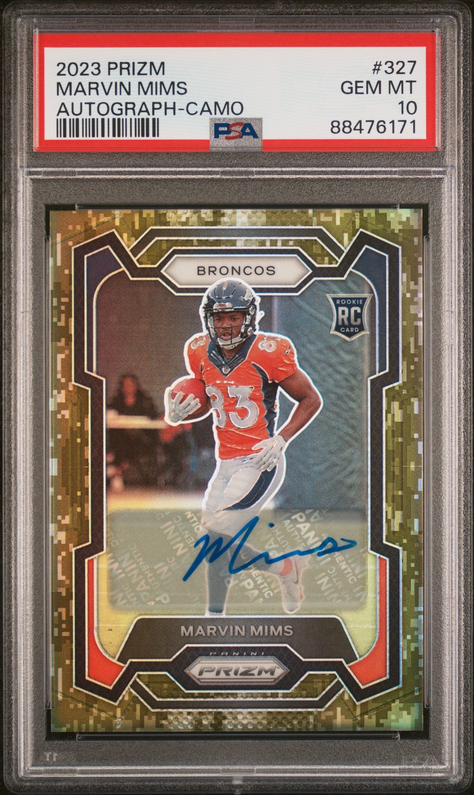 2023 Panini Prizm Marvin Mims Auto Rookie /25 Camo #327 PSA 10