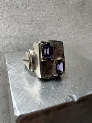 SZ 8.5 Art Deco Style Vintage Serling Silver Baguette Purple Stone Estate Ring
