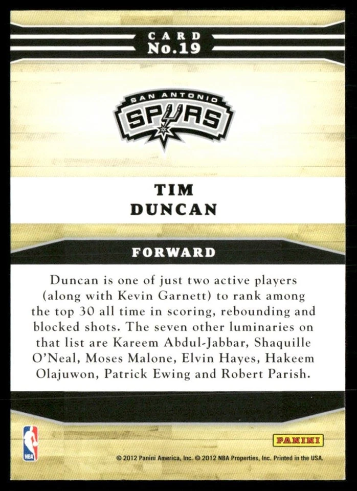 2012-13 Hoops Franchise Greats Tim Duncan #19 - Image 2 of 2