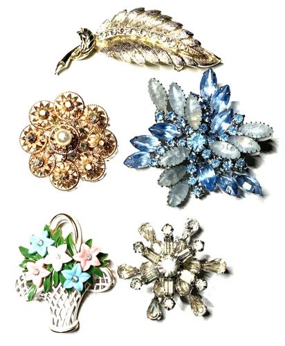 Lot 5 VTG Brooches Gold & Silver Tone Rhinestones Ab Basket is Trifari Lovely