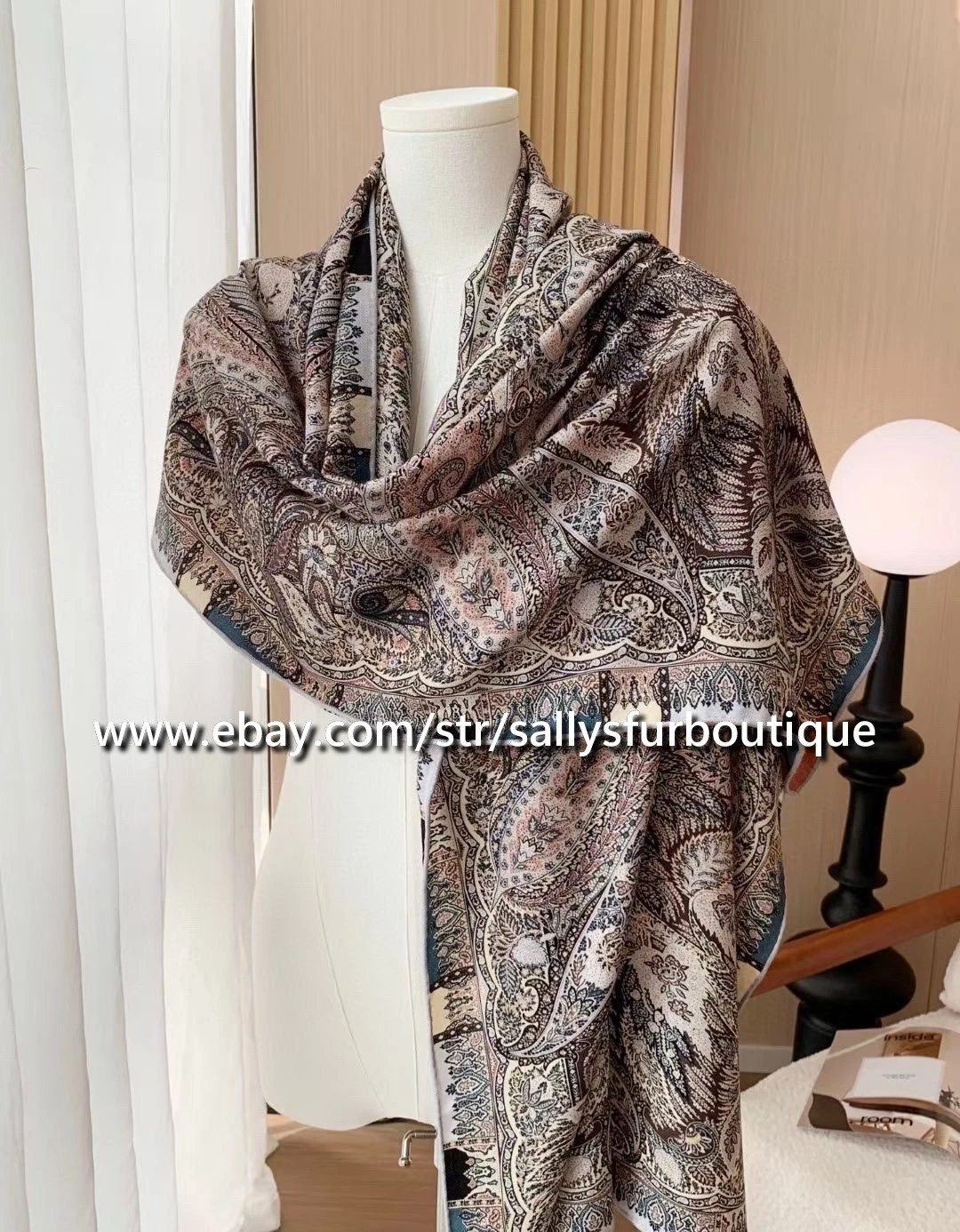 Sallys 70% Cashmere & 30% Silk Paisley Print Mens Wrap Double Face Oblong Scarf