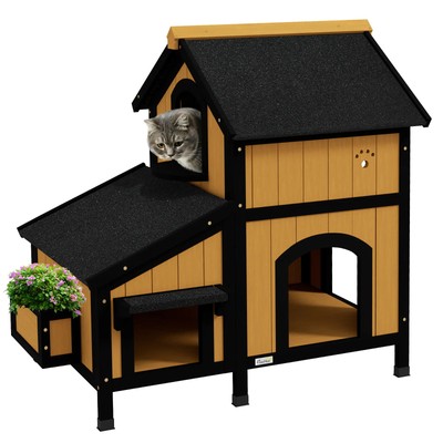 Katzenhaus aus Holz mit Blumentopffenstern mehrere Eingänge wasserfest Dach
