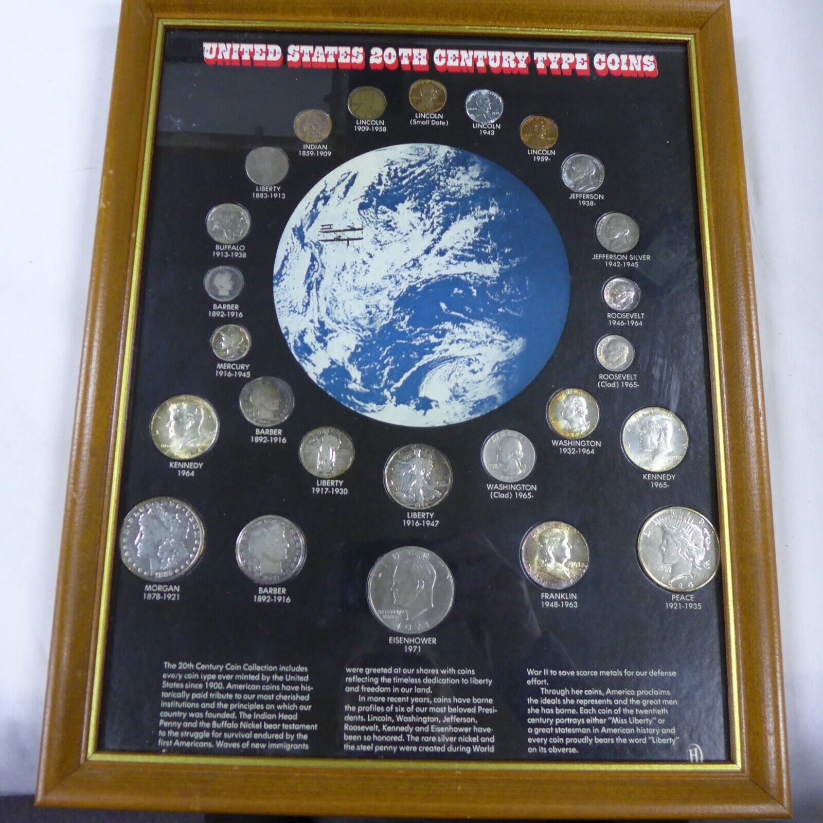 US 20th Century Type Set 25 coins-14 silver, framed wall hanger