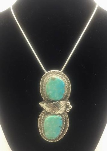 STUNNING SOUTHWESTERN ESTATE TURQUOISE STERLING SILVER PENDANT NECKLACE 20" long - Foto 2 di 8