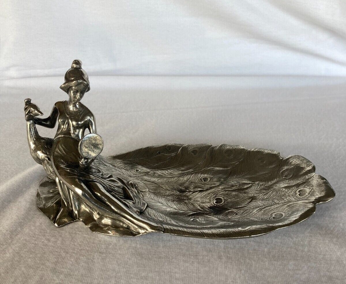 Vintage Etain Pewter Lady w/ Peacock Art Nouveau Italy | eBay