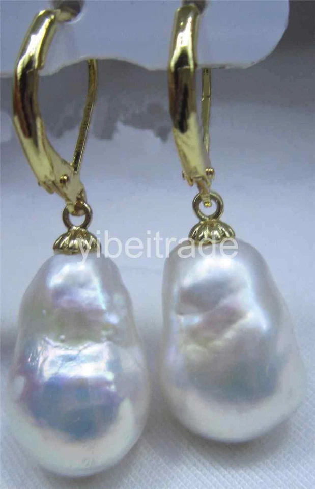 Огромный AAA 16 X 13 мм Южных морей белый барокко жемчуг серьги 14K желтое золото - Изображение 2 из 2