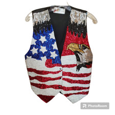 Usa Vintage Sequins Us Flag Eagle Head Patriotic Stars Stripes Vest Sz M