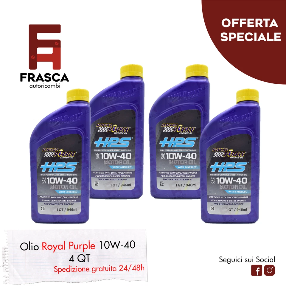Olio Motore Sintetico HPS 10W40 Royal Purple Alte Prestazioni Benzina Diesel 4pz