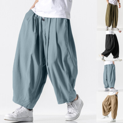 Mens Summer High Waist Casual Baggy Harem Pants Loose Fit Drop Crotch Trousers