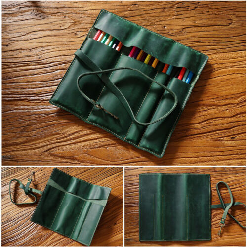 Handmade Cowhide Leather Pen Pouch Vintage Roll-up Pencil Case Bag Pen Curtain - Picture 14 of 27