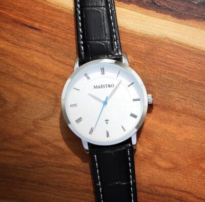 MAESTRO Lusso Heritage One - Silver Tone Roman Numerals Leather Band Men's Watch