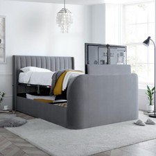 Velvet TV Bed, Luther Light Grey Velvet Ottoman Electric TV Bed - 4ft6, 5ft, 6ft