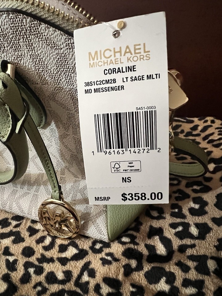 NWT Michael Kors Coraline Medium Logo Green Messenger Bag Purse Tote
