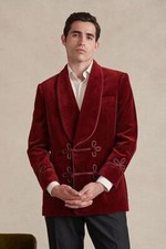Mens Maroon Velvet Smoking Jackets Double Breasted Party Wear Blazers Coat