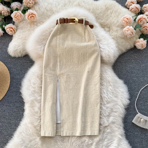 Women Midi Corduroy Skirt A-line Pencil Side Slit with Belt Retro Casual Dress - Bild 7 von 21