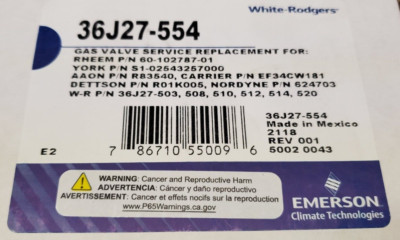Nordyne 624703 Gas Valve 24v Modulating Gas Valve,  36J27-503,  508, 510, 512