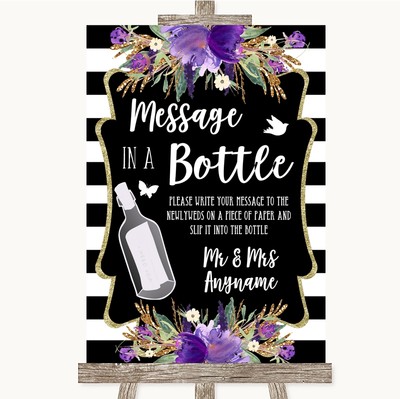 Personalisiertes Hochzeitsschild schwarz-weiße Streifen lila Botschaft in einer Flasche