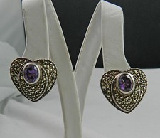 Marcasite Amethyst Heart Shaped Sterling Silver Post Earrings