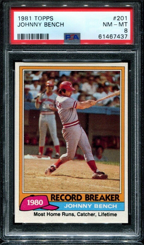 PSA 8 NM MINT 1981 TOPPS JOHNNY BENCH #201 REDS RECORD BREAKER 67437 HOF B139