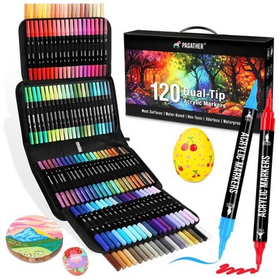 120 Colors Acrylic Paint Markers Set - Dual Tip Fine & Brush Pens for DIY Crafts