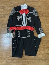 Mariachi Charro Suit Black Silver Embroidered w/ Red Bow Tie   Costume Set