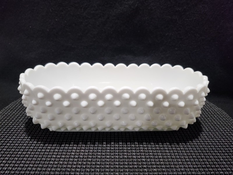 Vintage Fenton White Milk Glass Hobnail Oval Planter Scalloped Edge Bowl 10 inch