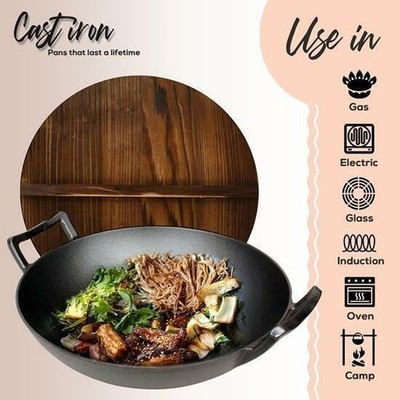 Nutrichef Pre Seasoned Cooking Wok Cast Iron Stir Fry Pan with Wooden Lid | Bargain Barn