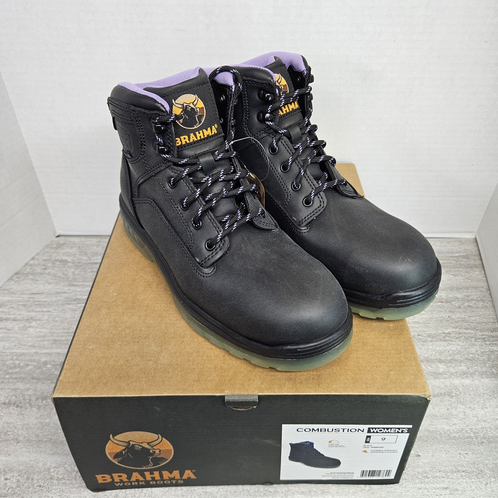 BRAHMA Women's Work Boots Steel Toe Flexible Midsole Leather Black Purple Sz 9