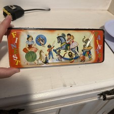 Antigua caja de pintura de juguete litográfico de hojalata vintage para niños acuarela circo Inglaterra años 50
