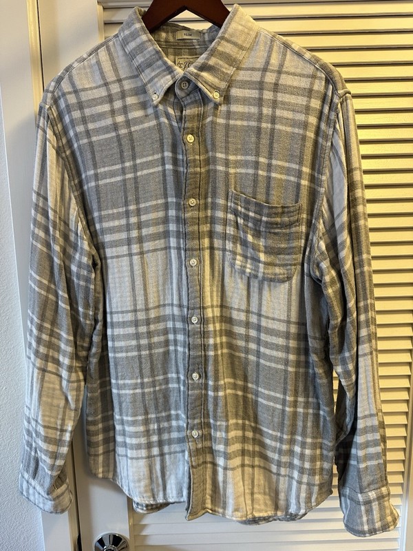 J Crew Slim Double Weave Soft Cotton Plaid Shirt Checks Y988 Large Ivory Grey