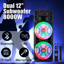 Portable Bluetooth Speaker Dual 12'' Subwoofer FM Heavy Bass Sound Karaoke W/Mic