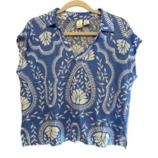 Joie Cap Sleeve 100% Slub Knit Floral Top Womens Large Blue White Coastal Beachy