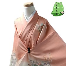 Kaerutei Kimono Pure Silk Orange Pink Floral Pattern Used Japan
