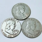 FRANKLIN SILVER HALVES LOT OF 3 90% SILVER COINS FREE SHIPPING #8595